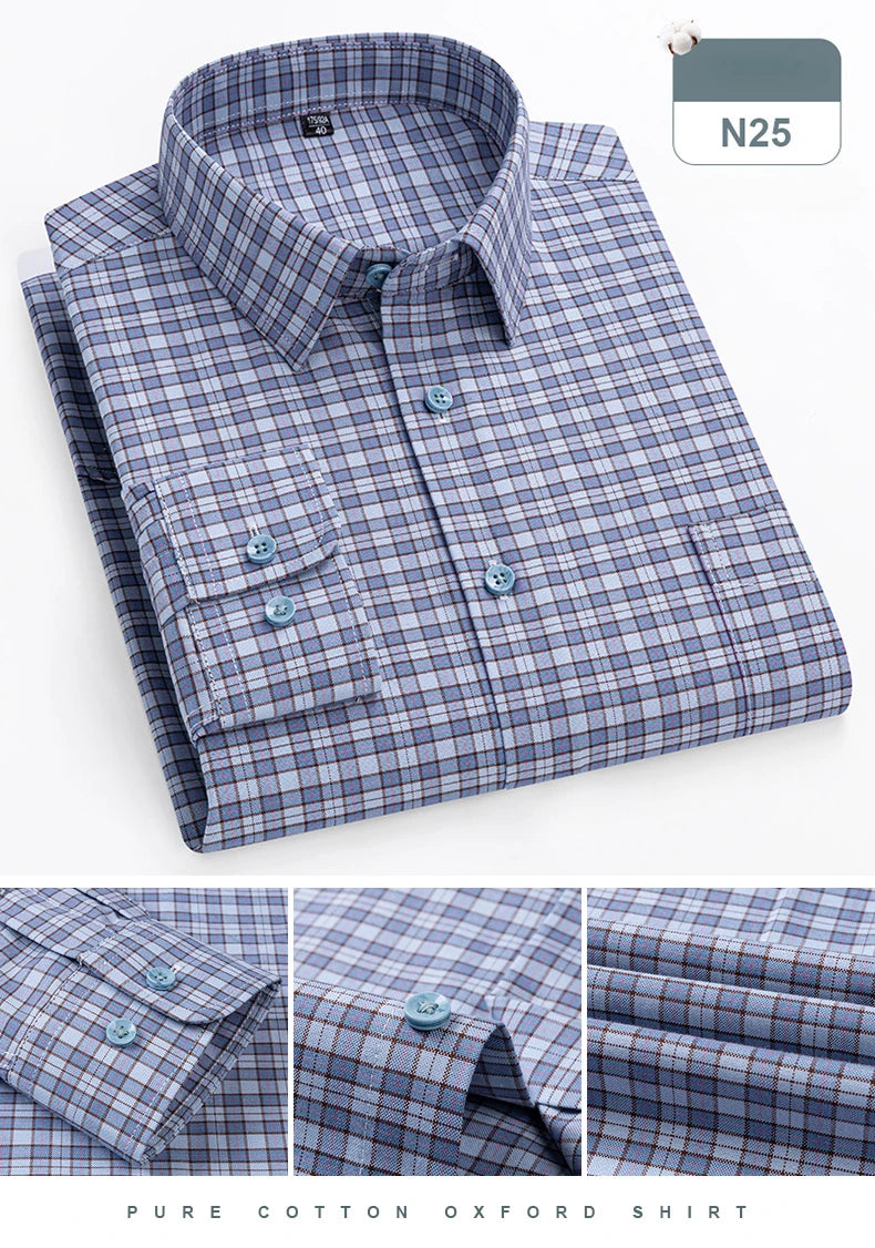 plus size 14xl 100%cotton long-sleeve shirts for men slim fit formal plain shirt soft plaid striped tops office elegants clothes
