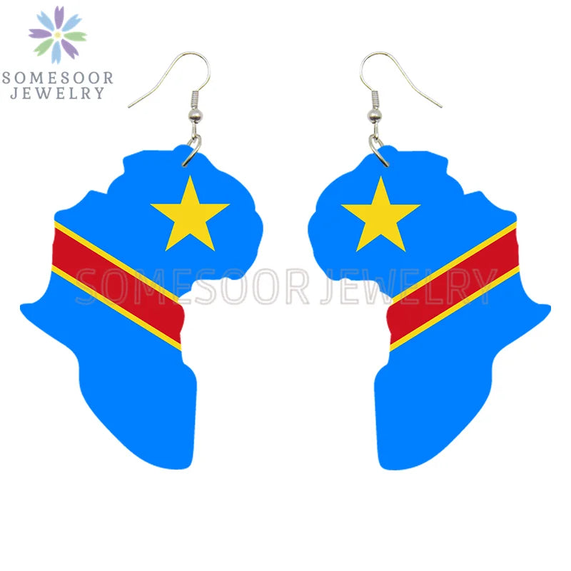 SOMESOOR Afro Countries National Flags Print Africa Map Wooden Drop Earrings Pendant For Women African Mainland Dangle Jewelry