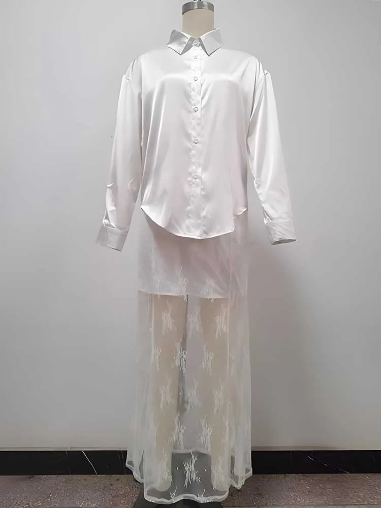 Women's Clothing Dresses and Sets Long Sleeve Shirt and Lace Dress Chic and Elegant Sexy Outfit Set Two Piece Summer