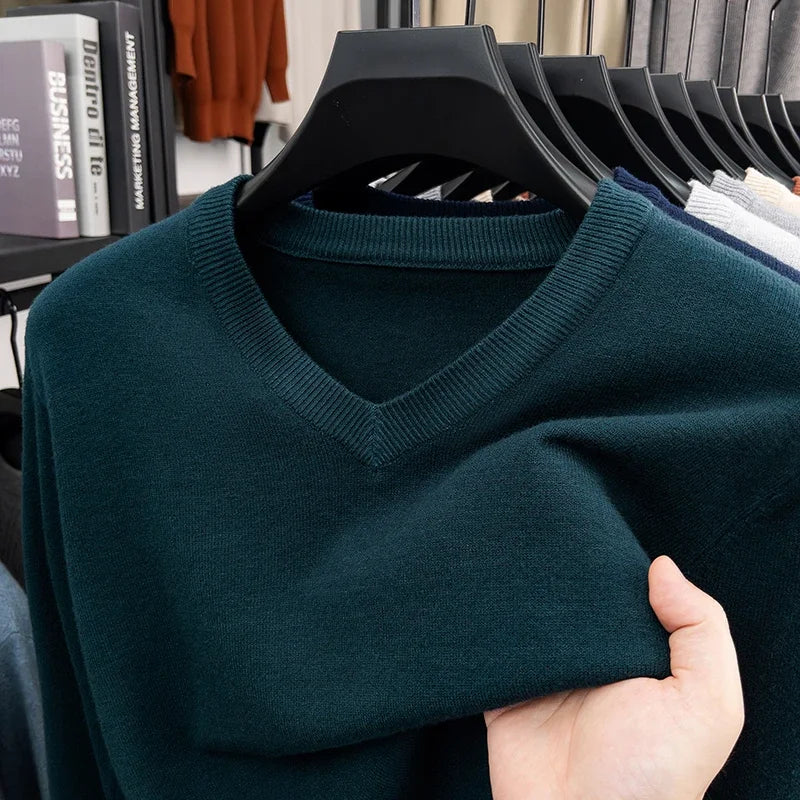 2026 Men's V-Neck Basic Solid Color Sweatshirt Warm Autumn Knitted Oversize Pullover Elastic round Neck Sweater for Casual Wear BAZAARHUBO
