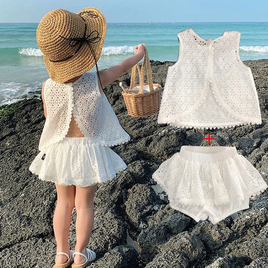 Girls Outfit Set 2026 Summer Clothing Sets Hollow Lace Suit Baby Casual Sleeveless T-shirt+Shorts Kids Clothes Sets Baby Clothes