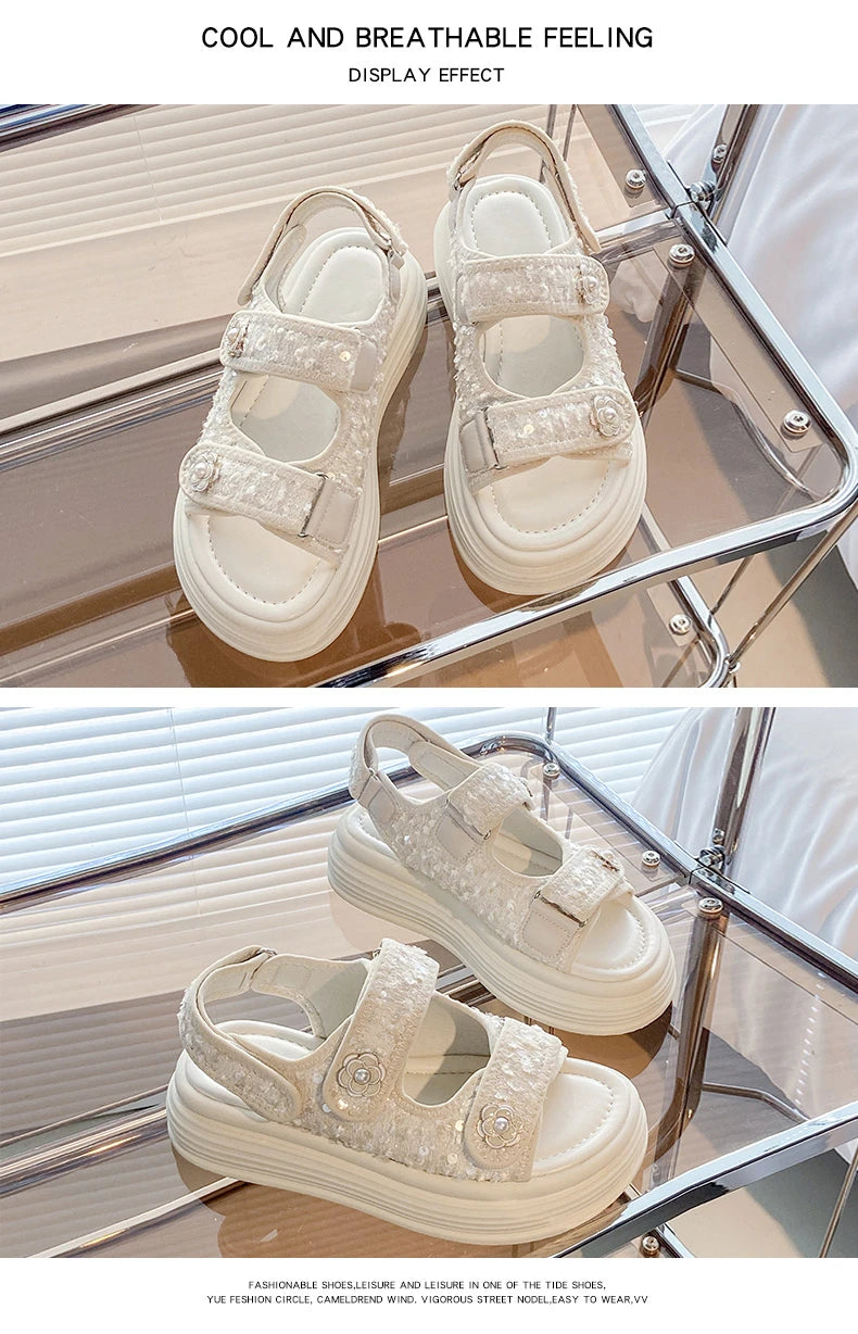 Women's Platform Sandals Handmade Leather Rubber Bottom Flat Sandals Metal Decorative Element Summer Casual Ladies Outdoor Shoes