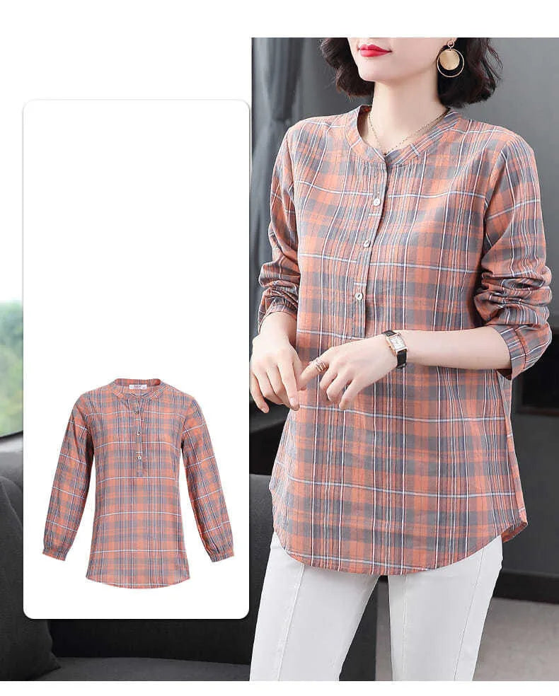 Fashion All-match Round Neck Plaid Shirt Women's Clothing Summer New Vintage Casual 3/4 Sleeve Button Spliced Pullovers Blouses