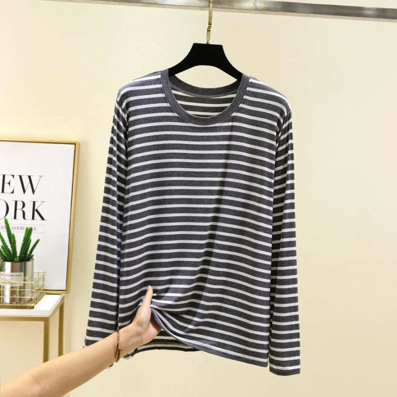Spring Men Striped T-Shirt Loose and Versatile Sleepwear Round Neck Long Sleeved Top Casual Plus Size Simple Pajamas Homewear