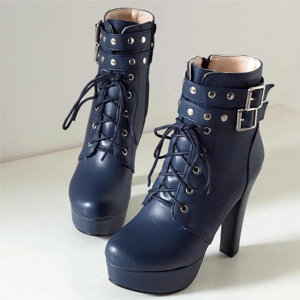Women Ankle Boots Platform Lace-Up High Heels Short Boot Female Buckle Autumn Winter Red Yellow White Sexy Shoes Large Size34-46