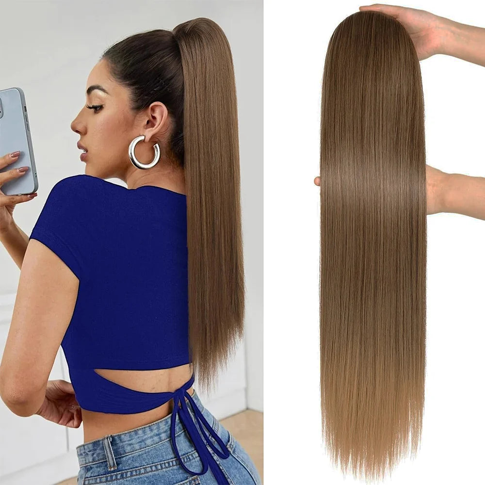 Long Straight Ponytail Extension Clip in,14/15/16 Inch Wrap Around Ponytail Heat Resistant Synthetic Pony Tail Hair
