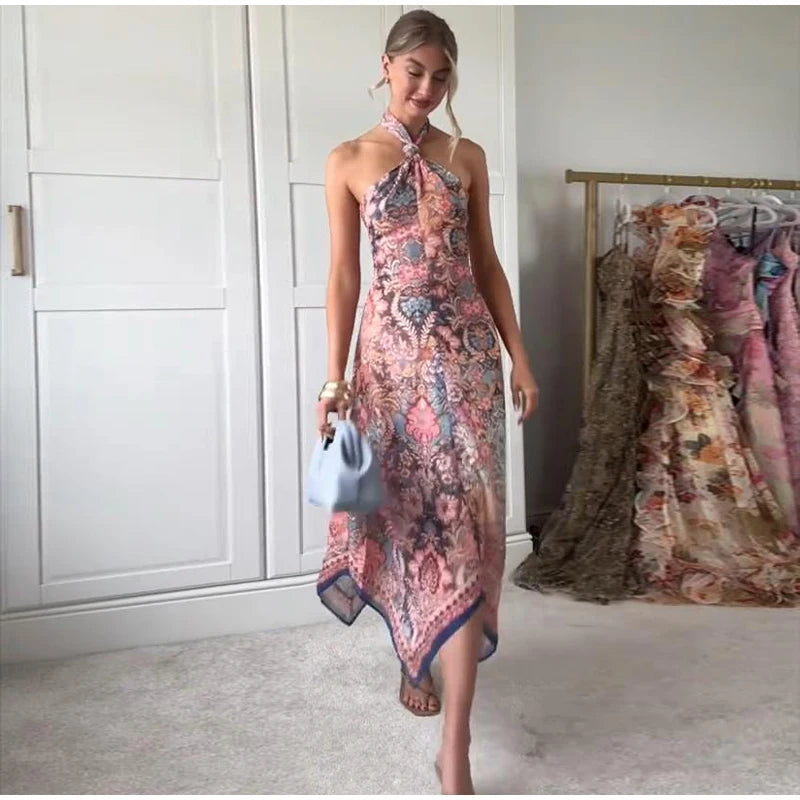 Halter Neck Floral Print Split Set Sleeveless Casual Top Tropical Wrap Slit Maxi Skirt 2026 Summer Bohemian Holiday Women Outfit