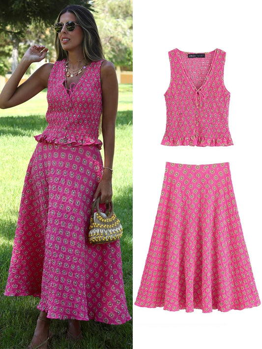 HH Women Fashion Printed Skirt Set Chic Sleeveless V-Neck Lace-up Decoration Top+High Waist Zipper Pleated Midi Skirt
