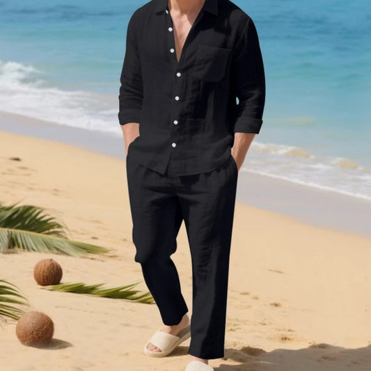 Men's Casual Loose Collar Long Sleeved Shirt, Breathable Straight Leg Pants Two-piece Set