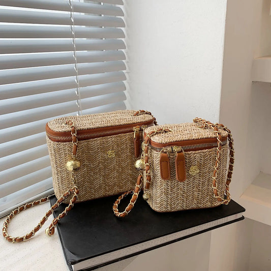 2023 Mini Straw Bucket Crossbody bag For Women Summer Weave Women's Brand Handbags And Purses Fashion Chain Simple Shoulder Bags