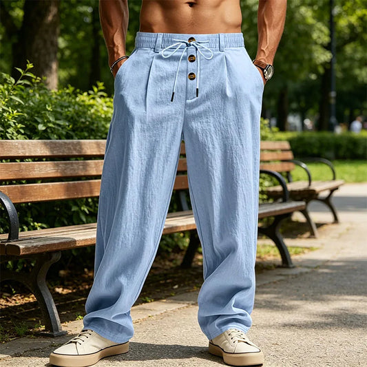 Men's Linen Pants Casual Loose Wide Leg Trousers Elastic Waist Drawstring Summer Beach Pants Lightweight Breathable