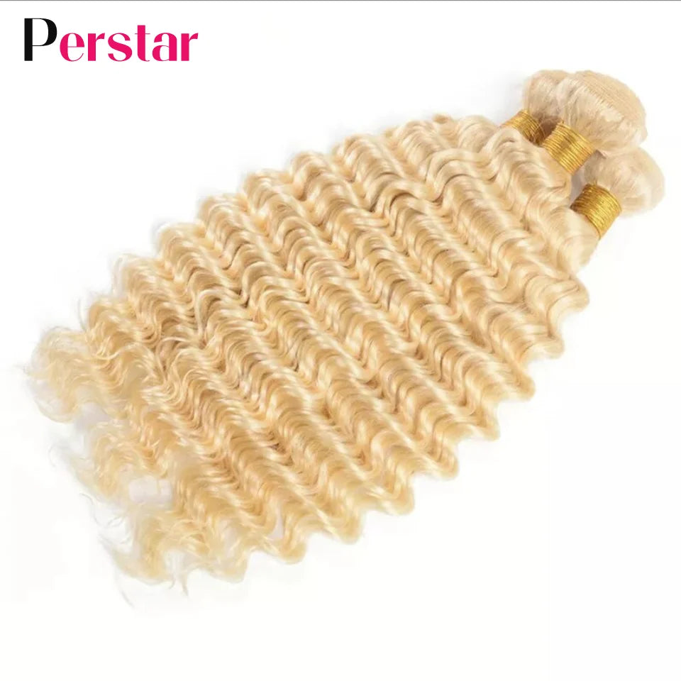 Perstar 613 Blonde Deep Wave Human Hair Bundles Brazilian Hair Extensions 613 Honey Blonde Deep Curly Bundles Human Hair Weave