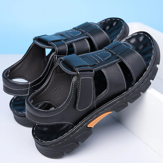Men's Sandals Adjustable Solid Color Shoes Summer Casual Comfort with Durable Rubber Sole, Breathable PU for Outdoor Walking
