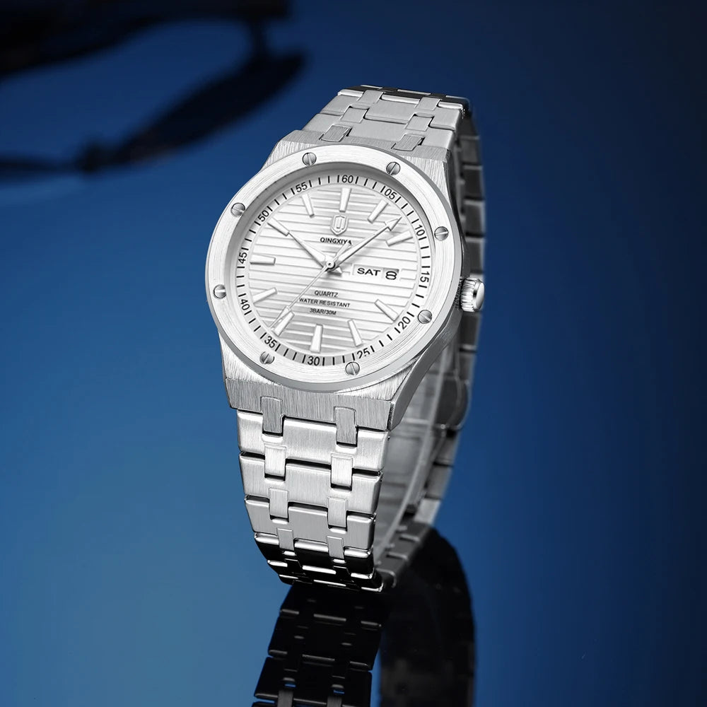 QINGXIYA New Mens Quartz Watches Top Brand Luxury Week Date Man Wristwatch Stainless Steel Waterproof Luminous Sports Men Watch