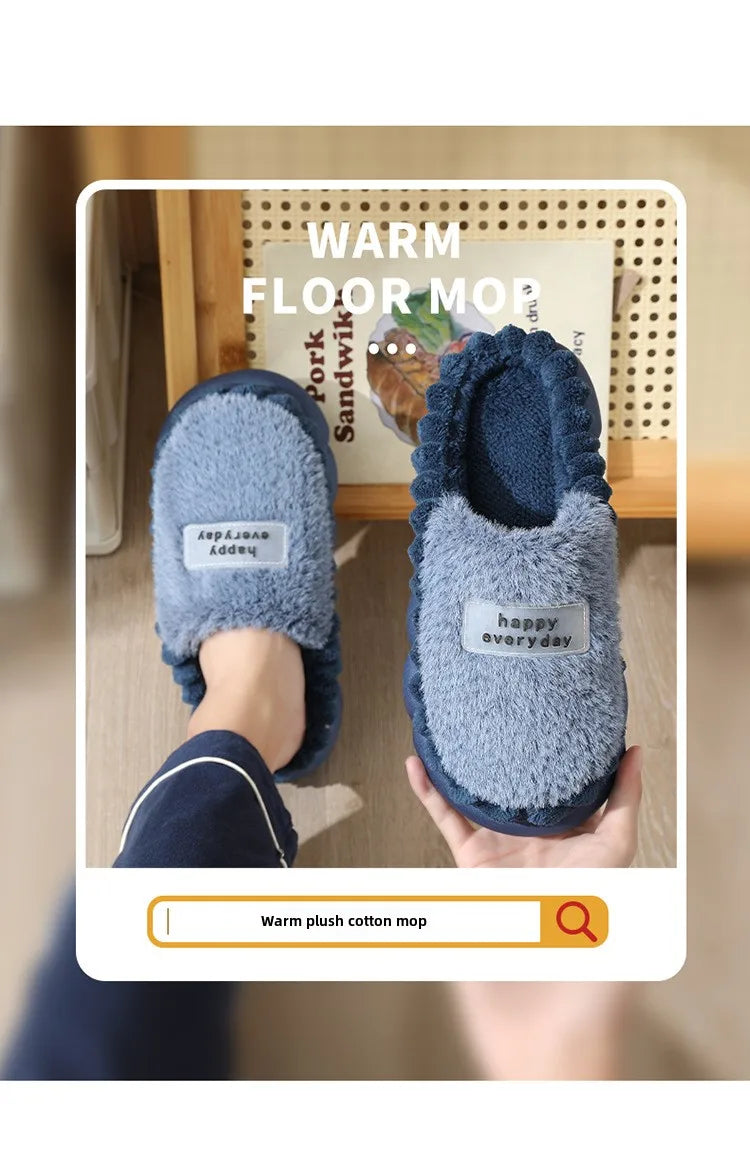 Man slippers home furry thick bottom slides designer winter warm velvet mens slippers blue cotton slipper males shoes