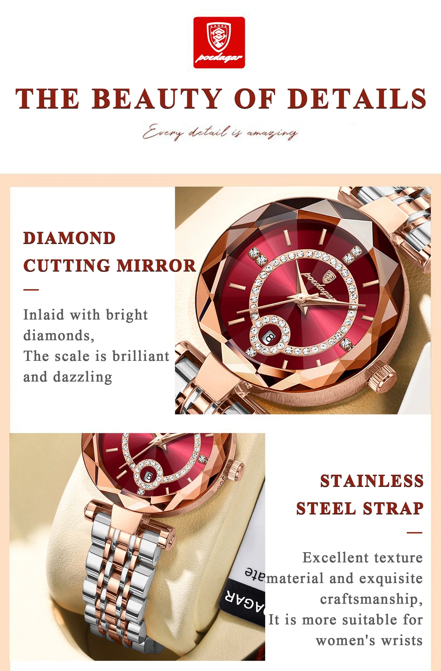 POEDAGAR Luxury Fashion Women Watches Waterproof Stainless Steel Date Diamond Ladies Watch High Quality Quartz Woman Wristwatch