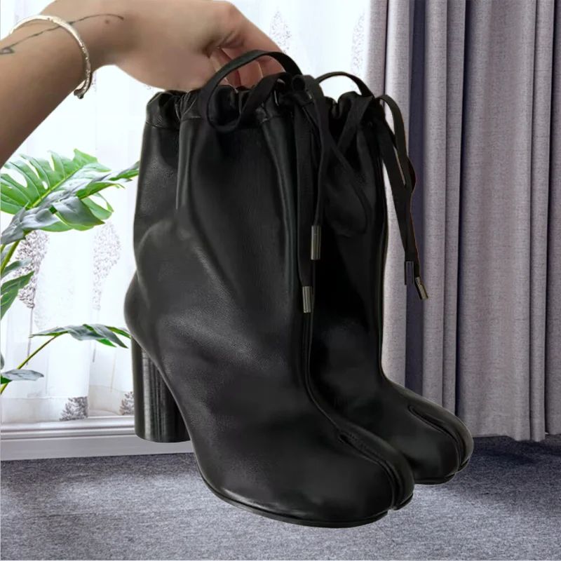 Street Style Fashion Split Toe Women Mid-calf Boots Autumn Winter Genuine Leather Tabi High heels Modern Chunky Booties Shoes