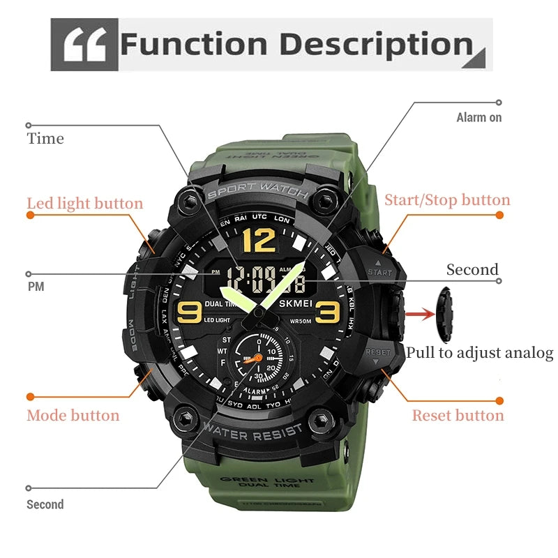Skmei Men's Military Sport's Wristwatch Fashion Big Size Dial Quartz Analog Three Time Zone Male Led Waterproof Stop Watches