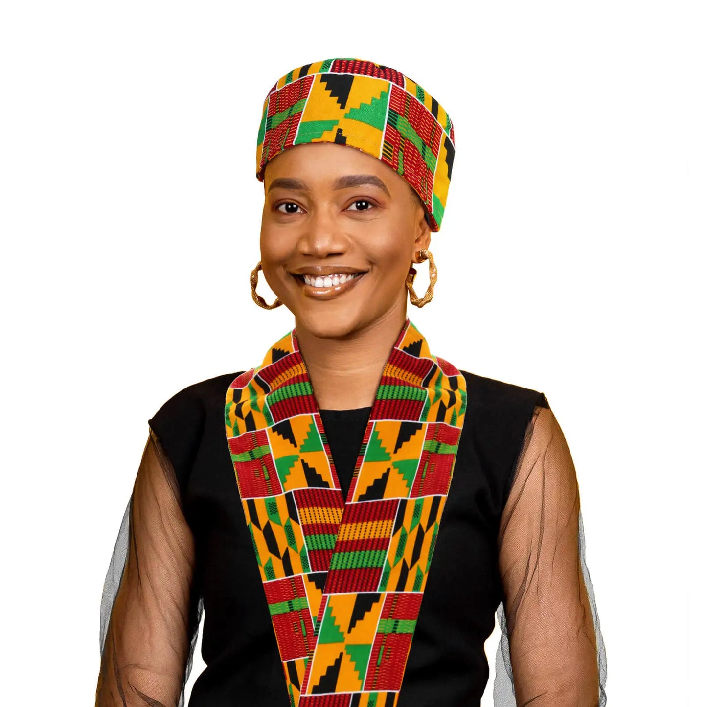 African Kente Pattern Kufi Hat and Stole Sash Shawl for African Black History Party Outfits