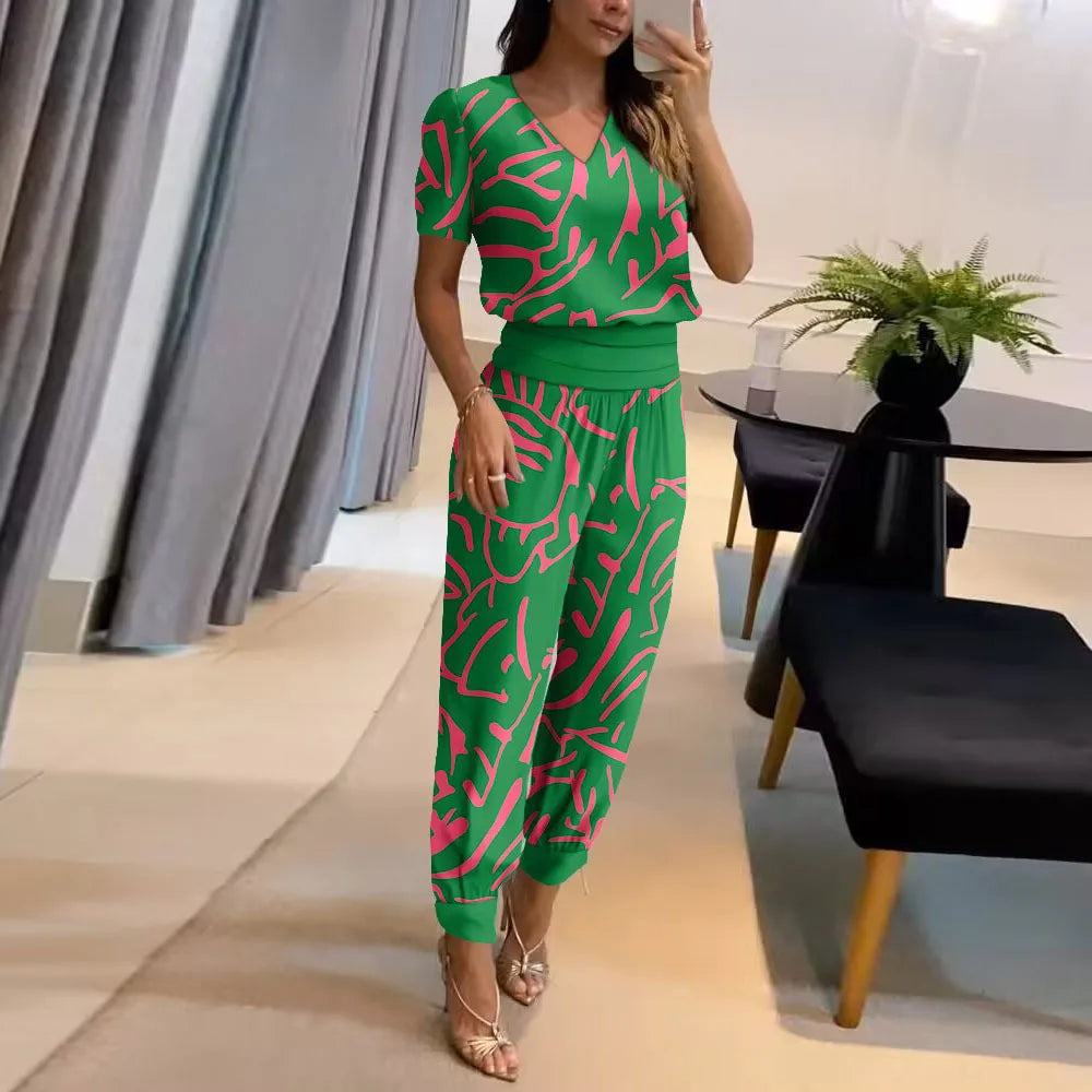 New Women's Summer Tracksuits Pant Sets Fashion Casual V-neck Print Short Sleeve T-shirts and Trousers 2 Piece Sets Women Outfit