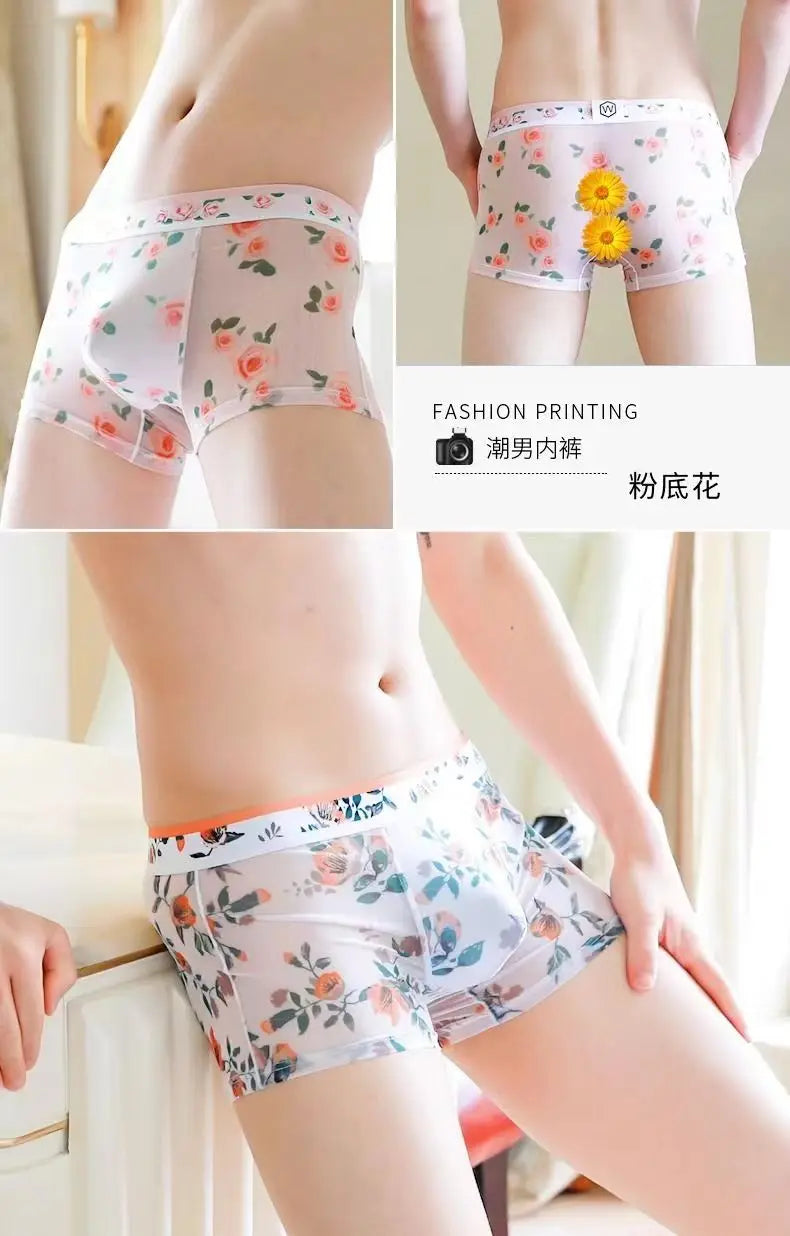1pcs Sexy Mesh Boxer Men Underwear See Through Transparent Shorts Male Print Panties Plus Size Underpants U Convex Lingerie 6XL