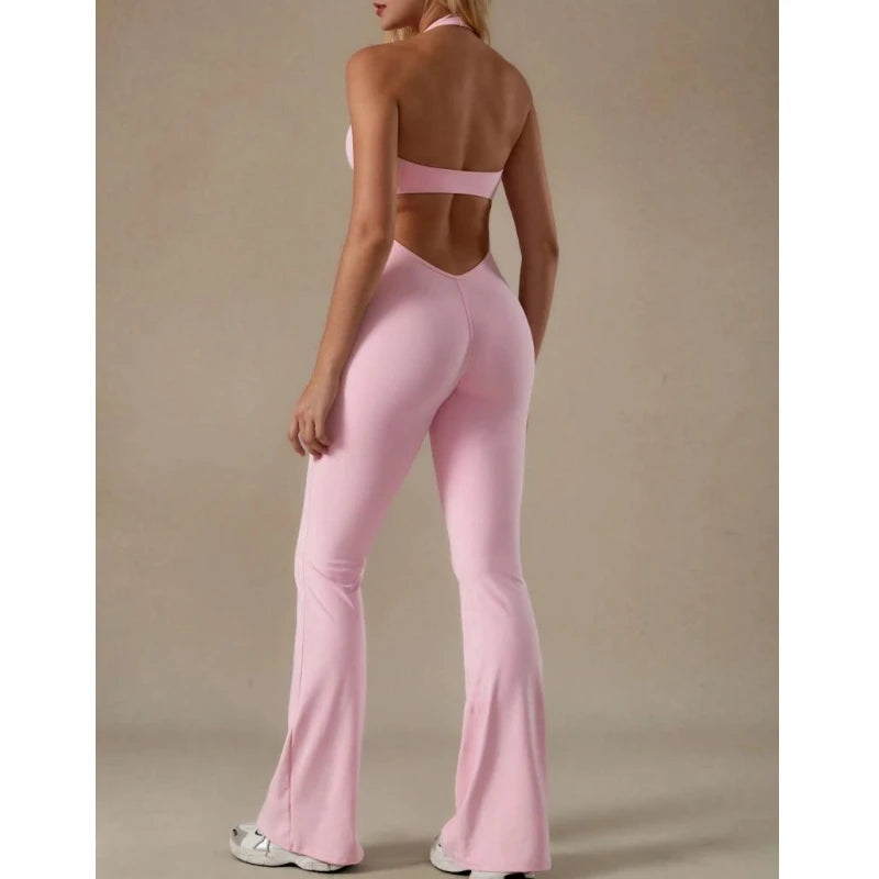 2025 new women's dress features a sweet and spicy style with a sexy halter neck, lace trim, sleeveless backless V-neck jumpsuit