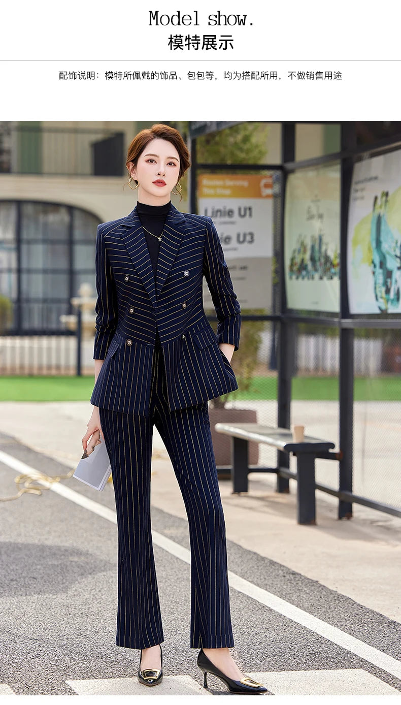 NAVIU Fashion Women Office Ladies Formal Golden stripes Pants Suit Set Female Business Work Wear Blazer Jacket And Trouser