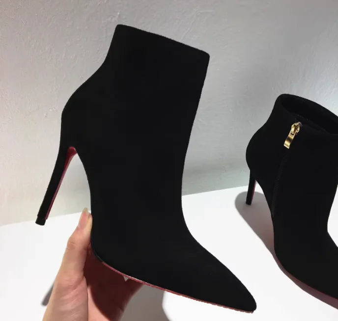 Autumn and winter new turtle patterned short boots, slim high heels, black 10cm, female pointed, slim heels, Shizang bare boots