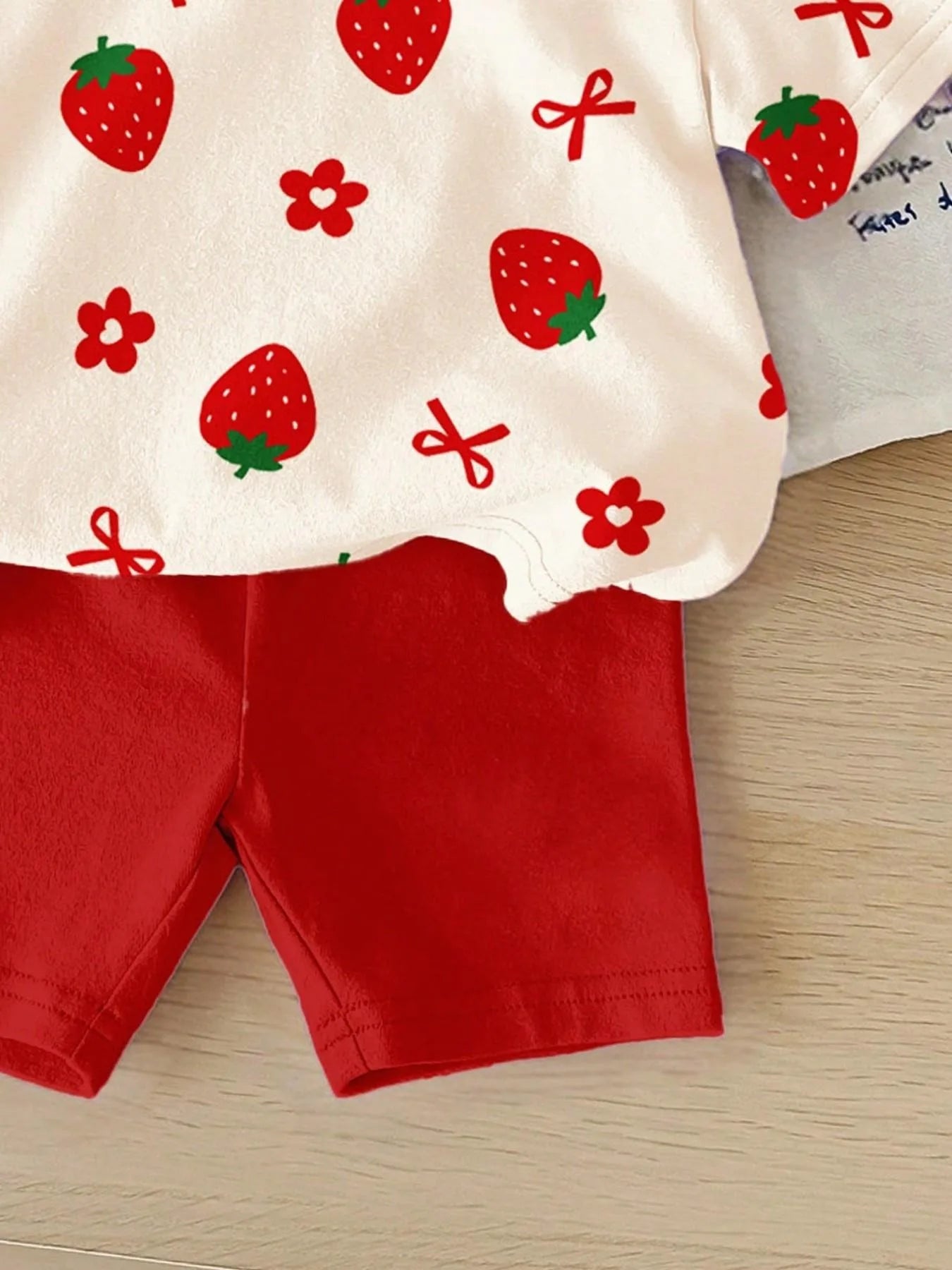 Kids Girls 2-Piece Summer Outfit, Strawberry Print Short Sleeve T-Shirt + Red Biker Shorts Casual Set