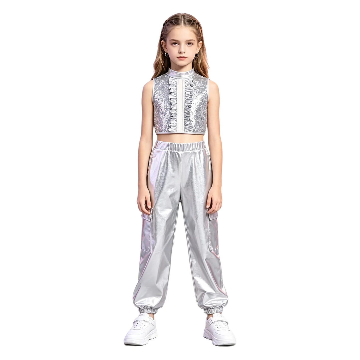 Kids Girls Disco Jazz Hip Hop Dance Outfit Sleeveless Shiny Sequin Ruffle Crop Top with Metallic Pants School Show Party Costume