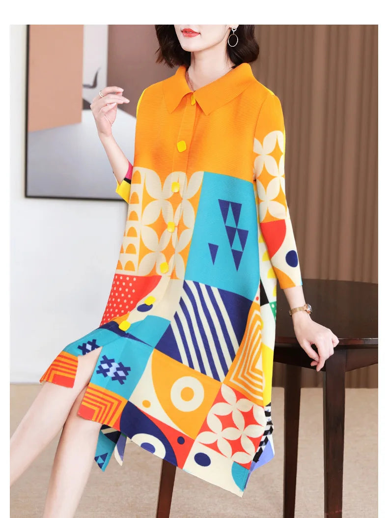 Miyake Pleated Dress Women 2024 Spring New High-End Design Sense Printing Lapel 3/4 Sleeve Single-breasted Fashion Shirt Dresses