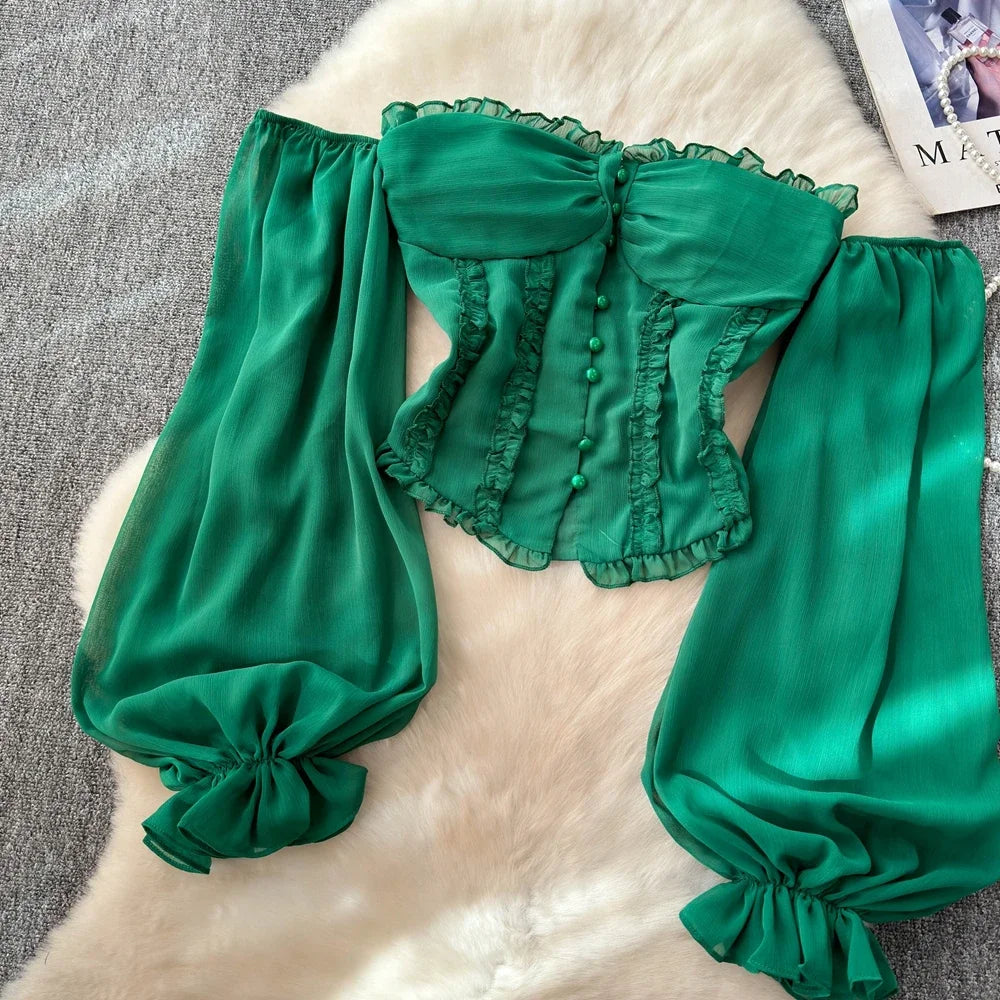 Chiffon Blouse for Women Slash Neck Off Shoulder Solid Color Camisas Ruffles Folds Backless Summer Blusas De Mujer Chic Dropship