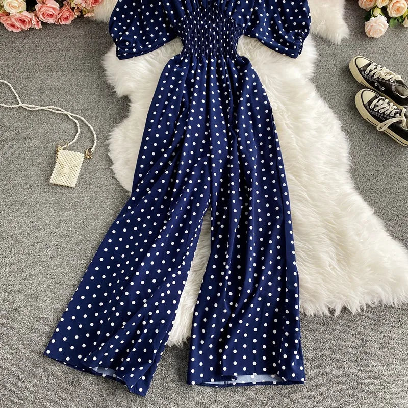 V Neck Sexy Dolman Sleeves Waist Slim Floral Print Jumpsuit Women Wide Leg Trousers Jumpsuit