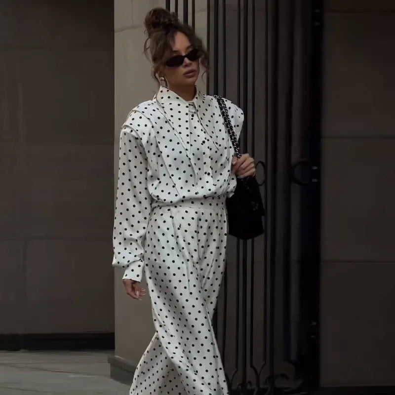 Elegant Dot Shirt Pants Women Set Casual Lapel Button Pleated Blouse Wide Leg Trousers 2026 Spring Summer Chic Lady Outfit New