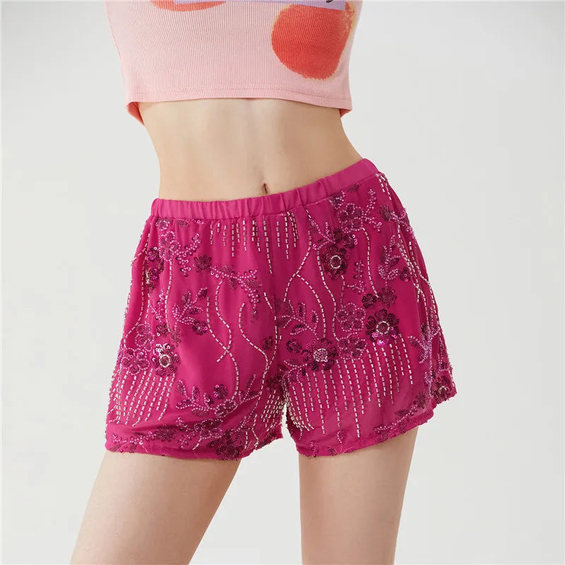 Hirigin Women Sequin Mini Shorts Y2K Low Rise Sparkle Floral Bead Embellished