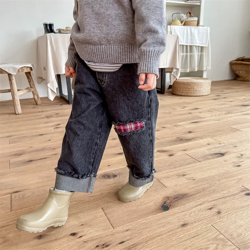 2023 Autumn Spring Baby Girls Boys Denim Pants Loose Fashion Korean Style Kids Casual Jeans Toddler Trouser Children's Clothes