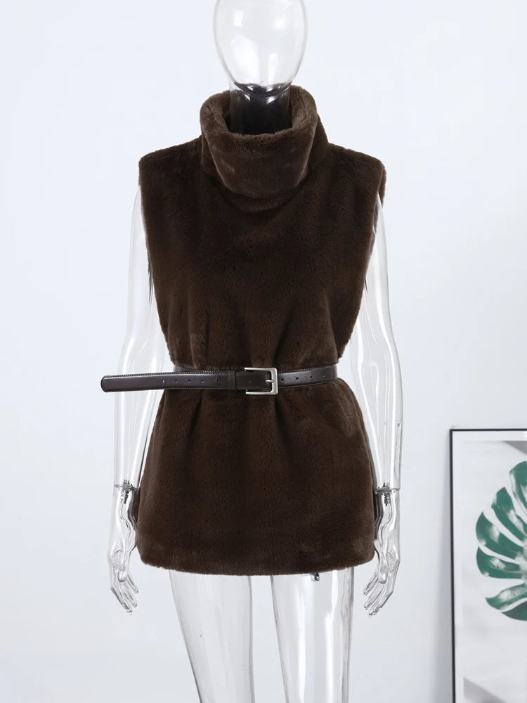 Luxury Faux Fur Hooded Pullovers Women's Loose Full Sleeve Stand Collar Pocket Coats 2025 New Autumn Winter Ladies Solid Outwear