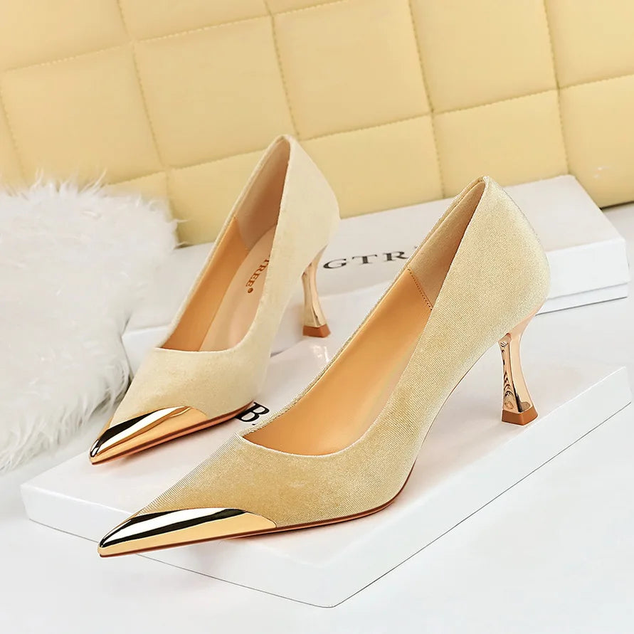 BIGTREE Fashion Sexy Nightclub Slim Wine Glass Pumps High Heel Velvet Shallow Mouth Metal Pointed Party Women's Shoes