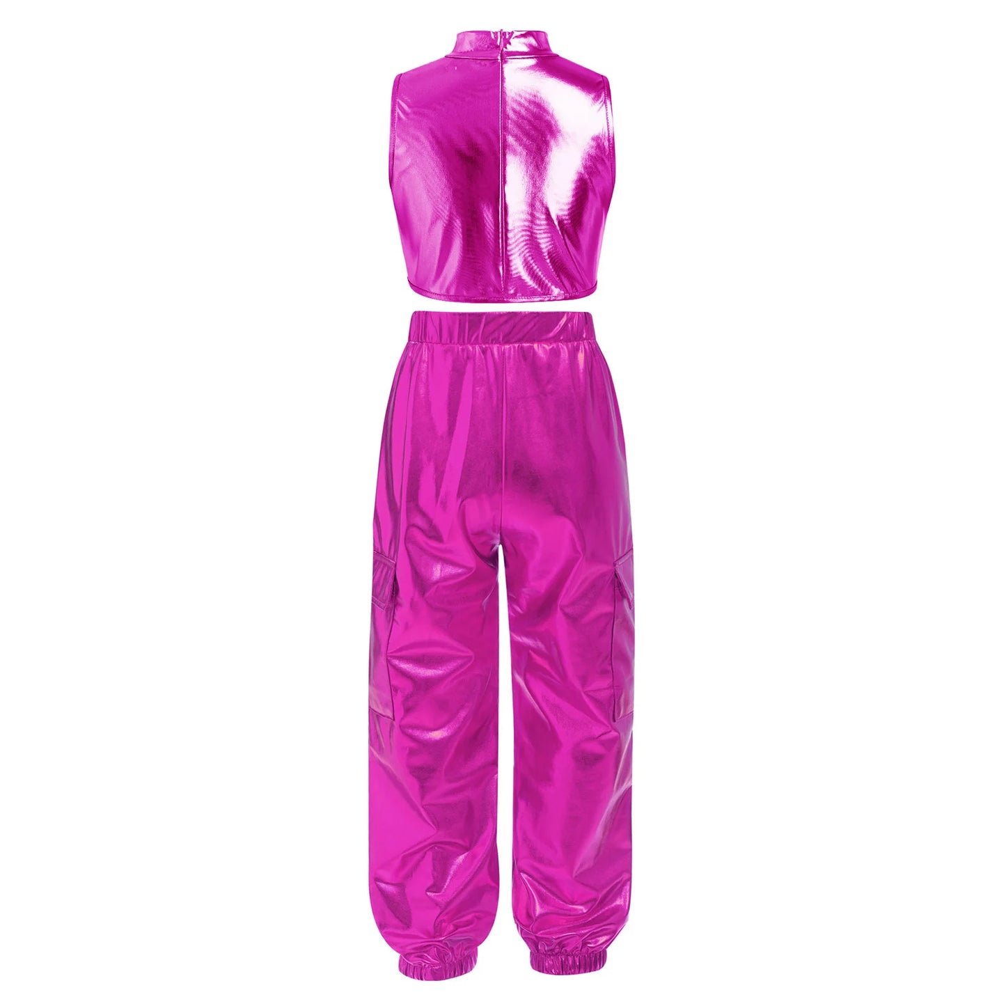Kids Girls Disco Jazz Hip Hop Dance Outfit Sleeveless Shiny Sequin Ruffle Crop Top with Metallic Pants School Show Party Costume