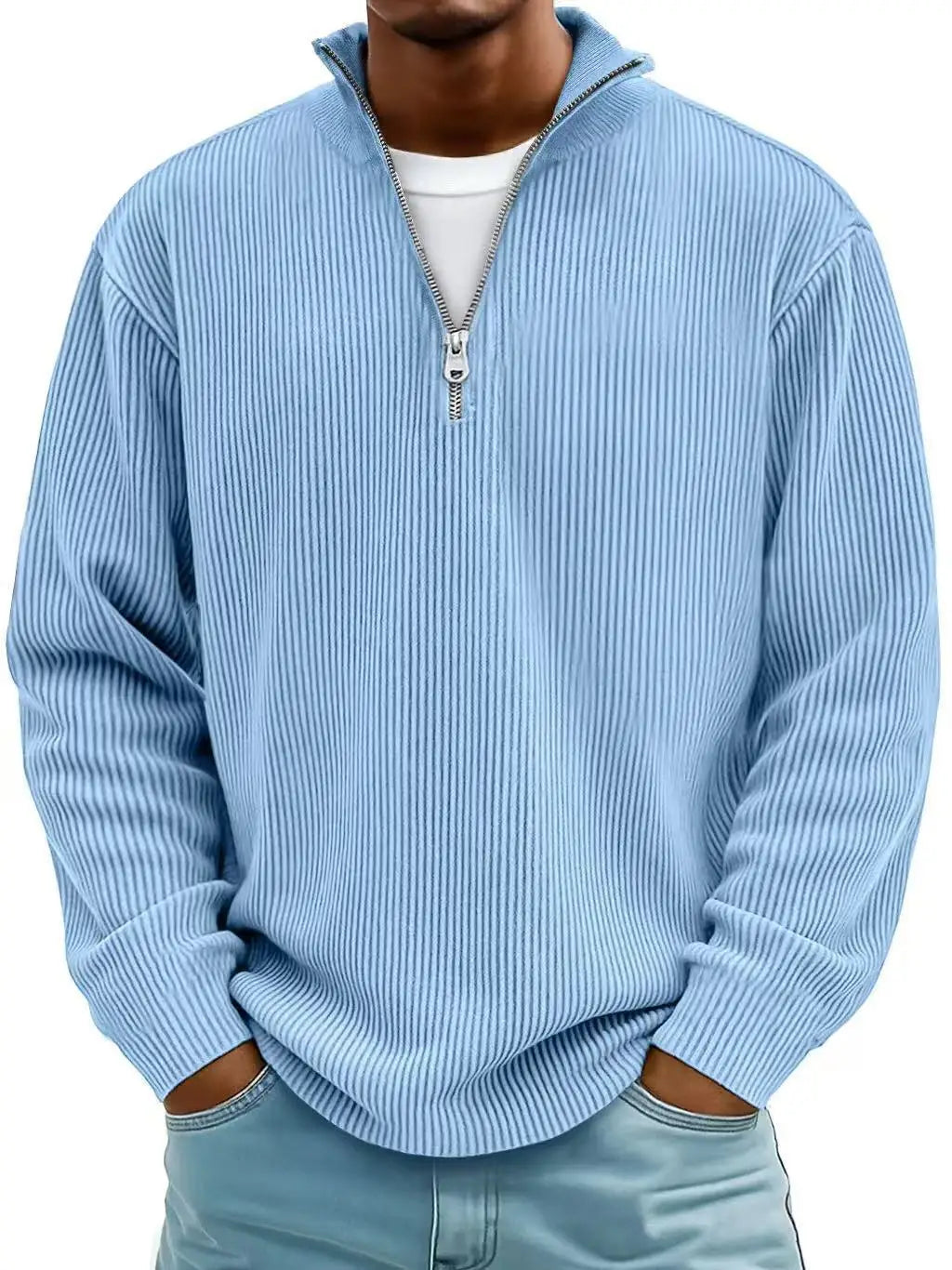 autumn/winter new men's fashion versatile casual stand up collar half zipper design corduroy long sleeved polo shirt sweatshirt