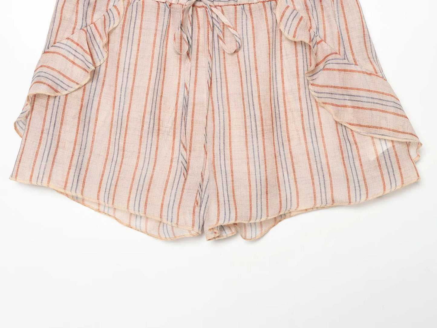 KONDALA Casual Striped Summer Woman Suits Lace-up V-Neck Shirt+ Drawstring Lace Shorts Fashion 2026 Female Elegant Tiered Sets