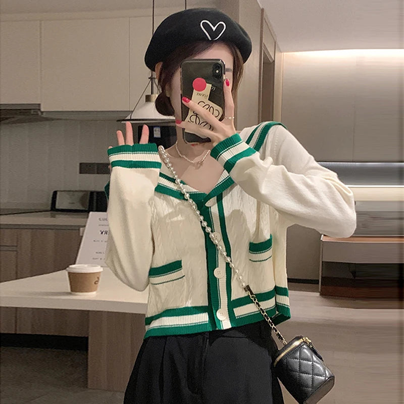 Knitted Spring Preppy Style Sailor Neck Women's Knitted Cardigan Elastic Wide Leg Pants Long Sleeve Korean Sportswear Set