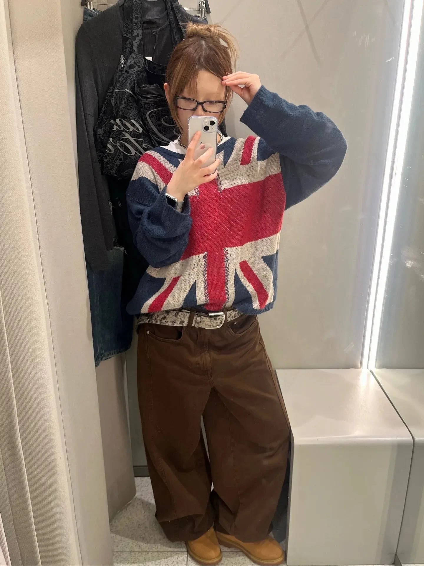 Y2K Unisex Union Jack Sweater, British Flag Graphic Long Sleeve Top, Casual Oversized Streetwear Knitted Jumper