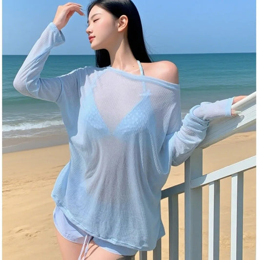 Lace-up Women's Swimwear Set Beachwear Sun Protection 4Pieces Bikini Swimsuit Loose Mesh Transparent Bathing Suit Resort Wear