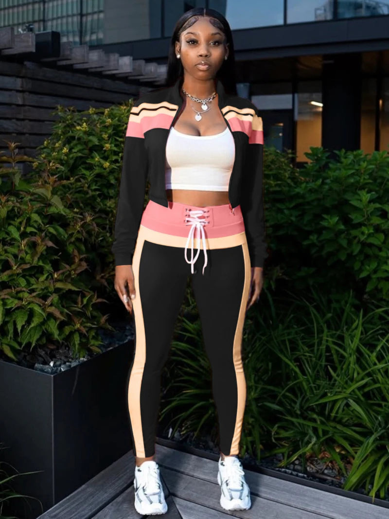 Fashion Women Tracksuit Streetwear 2piece Set Color Block Long Sleeve Zipper Jacket and Pants Sporty Fitness Gym Two Piece Sets