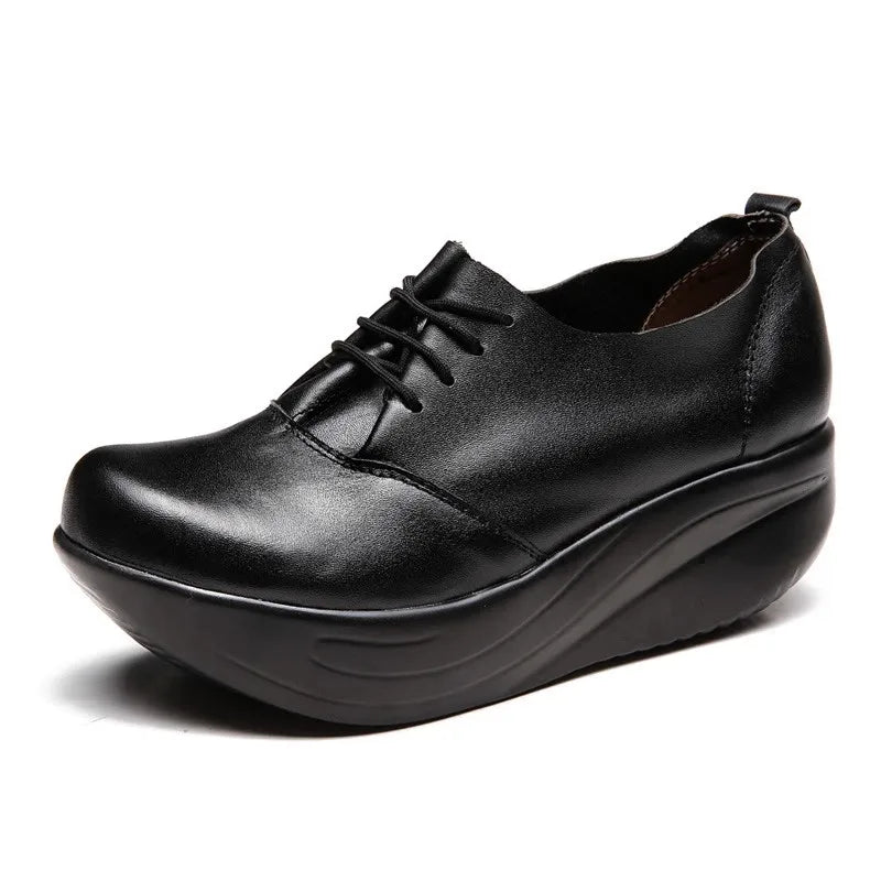 GKTINOO New Women's Genuine Leather Platform Shoes Wedges Black Lady Casual Shoes Swing Lace Up High Heels Shoe Plus Size 34-43