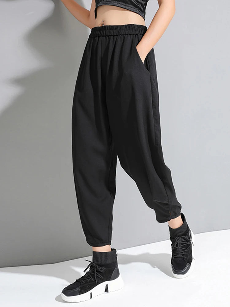 [EAM] High Elastic Waist Black Pleated Long Wide Leg Trousers New Loose Fit Pants Women Fashion Tide Spring Summer 2026 1U320