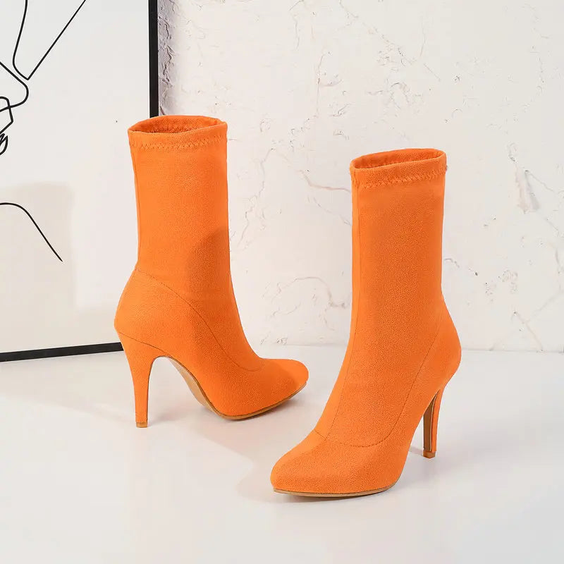 2023 Autumn Winter Sock Short Boots Lady Mid-Calf Thin High Heels Large Size 46 Fashion Women Shoes Elastic Flock Pointed Boots