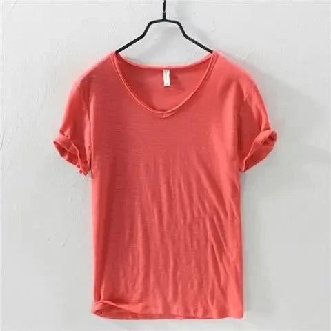 2023 Summer New 100% Cotton White T-shirt Male V-neck Solid Color Casual T Shirt Basic Tees Plus Size 3XL Short Sleeve Tops