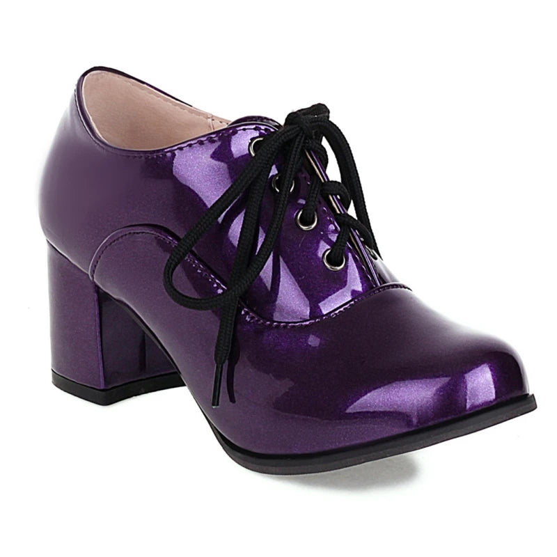 Women's Purple High Heels Loafer Shoes Fashion Lace-up Black White Block Heeled Party Wedding Office Shoes Female Big Size 45